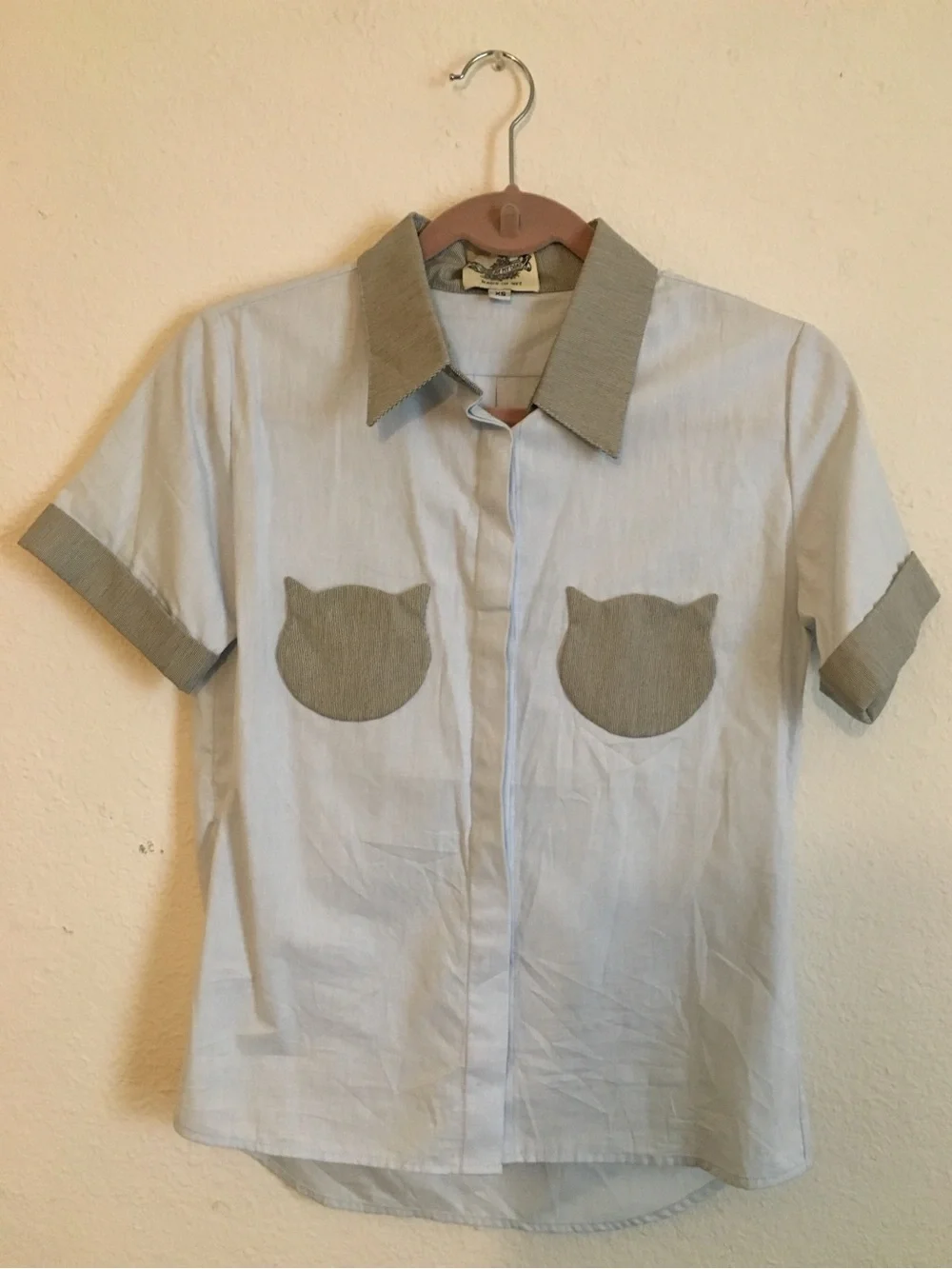 It’s Okay My Dear Kitty Cat Pocket Blouse Blue Striped Short Set